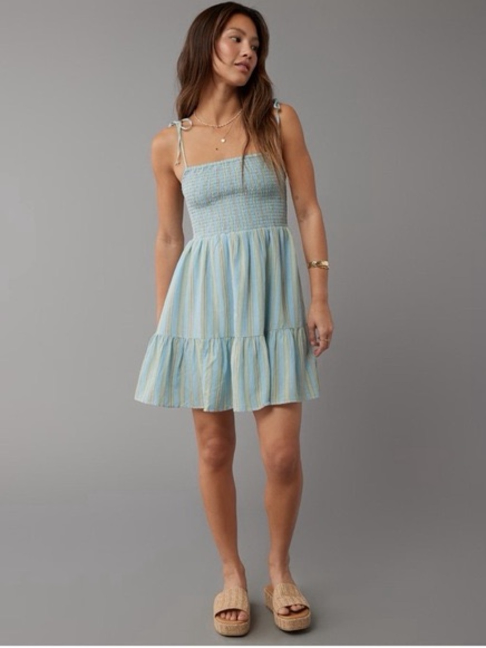 American Eagle Smocked Tie-Strap Sundress in Light Blue Stripe Large